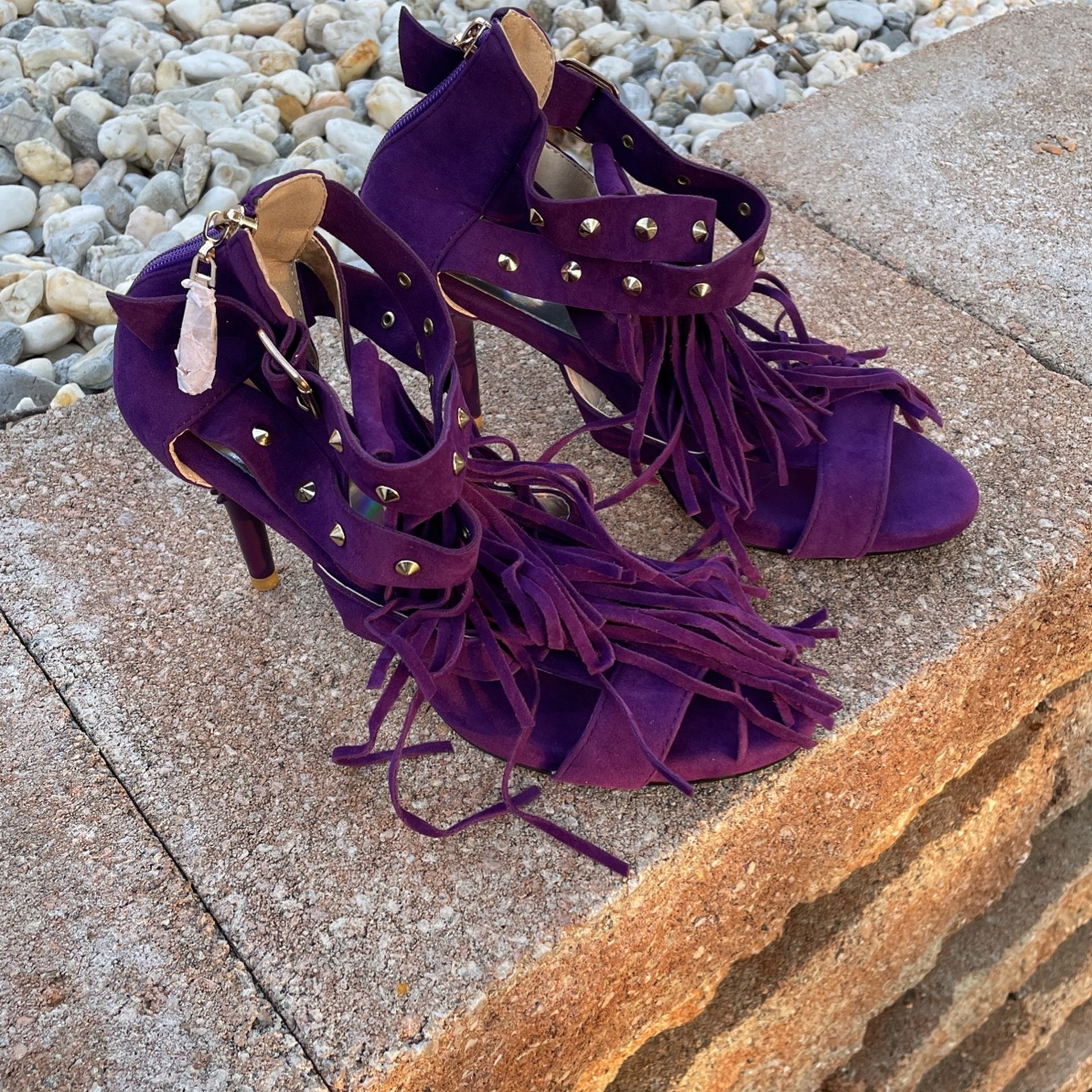 Purple Suede Studded Heel With Fringe 