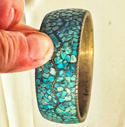 Turquoise mosaic large brass bangle banged bracelet