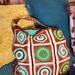 ISABELLA FIORE Leather Purse Boho Bag Crochet Bohemian Hippie Tote