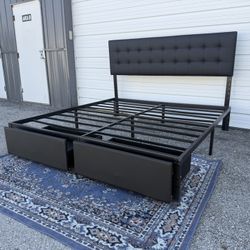 King Size Platform Bed Frame With Headboard And 2 Storage Drawers