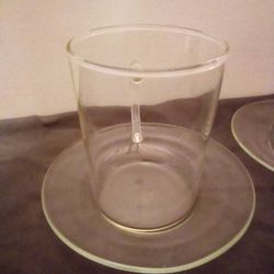 Vintage Tin Borosilicate Glass Coffee/Tea Cups With Saucers EXCELLENT CONDITION AND QUALITY.  ALWAYS PACKAGED WITH LOVE AND BUBBLE WRAP, PEANUTS AND P