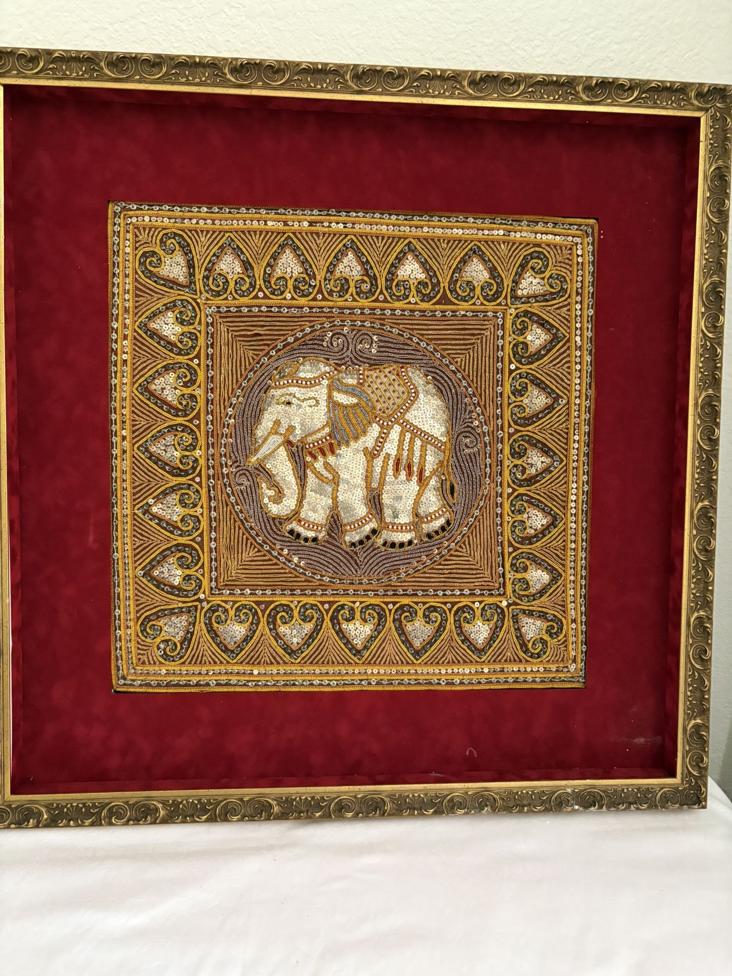 Tapestry. Handmade And Handcrafted Embroidered Elephant. Framed with Gold Color Wooden Frame.