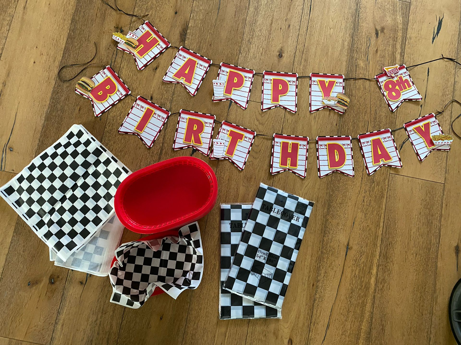 In & Out Birthday Banner, Burger Baskets, And Tablecovers