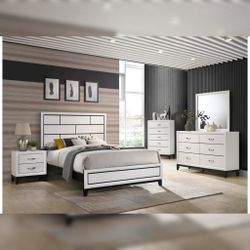 4pc Bedroom Set $549 Queen $649 Eastern King Includes bedframe Dresser mirror nightstand White Bedroom Set