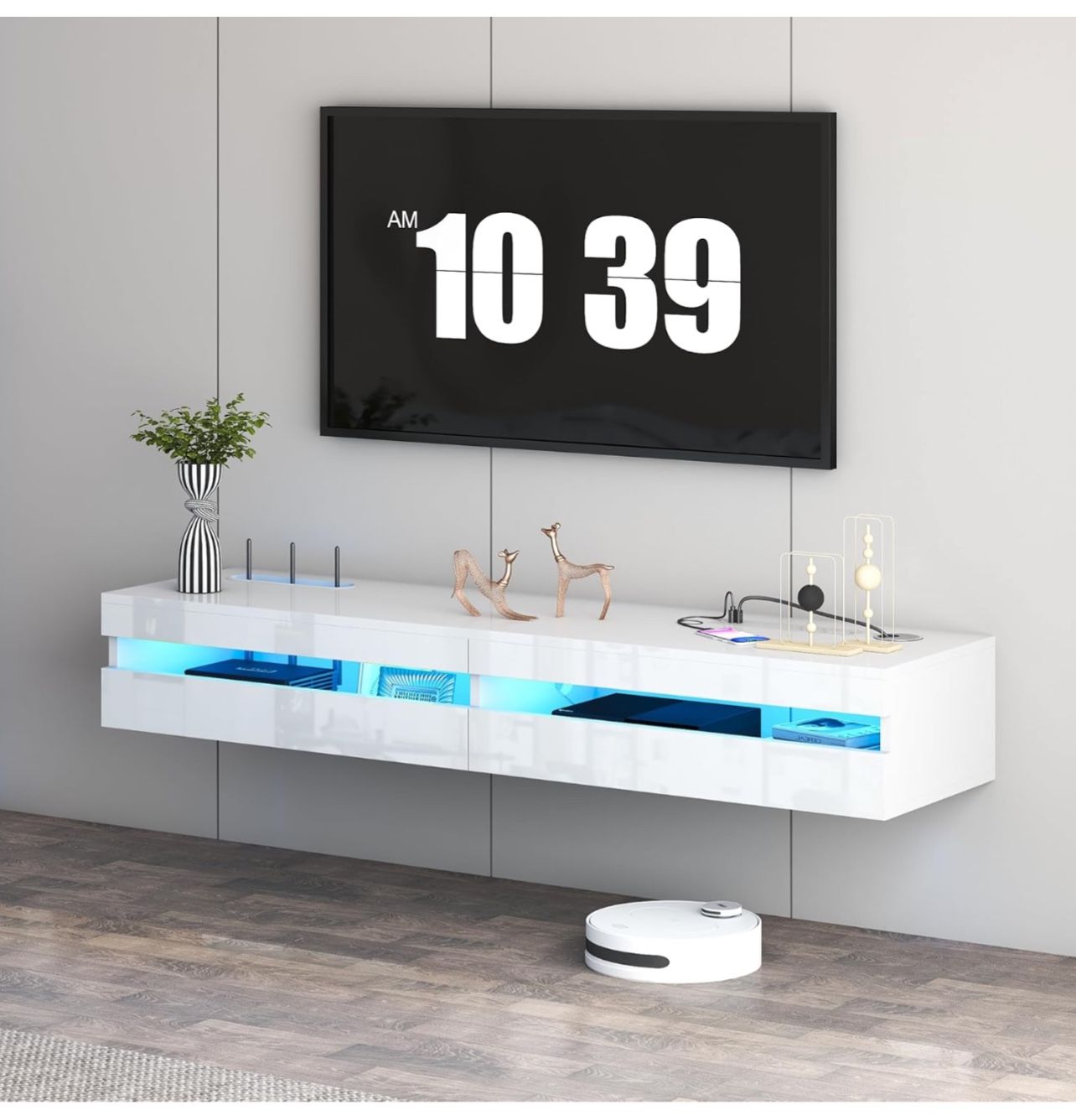Brand New In The Box- Floating TV Stand - 47'' Floating Entertainment Center with LED Light & Charging Station, Floating TV Shelf with Storage for Sma