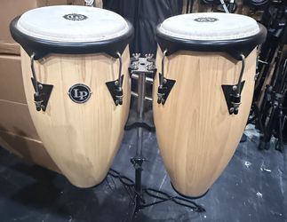 Beautiful pair of LP conga-style drums with natural finish and black hardware