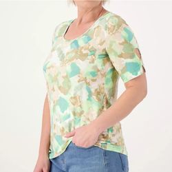 Susan Graver Weekend Printed Cool Touch Elbow-Sleeve Top Jade Size Medium 