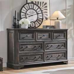 Farmhouse 7 Drawers Dresser for Bedroom, 54" Wide Wood Rustic Chest of Drawers with Natural Texture, Vintage Design, Storage Dressers Organ