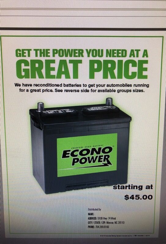 Used car batteries! $45! 5109 Highway 74 West Monroe NC 28110