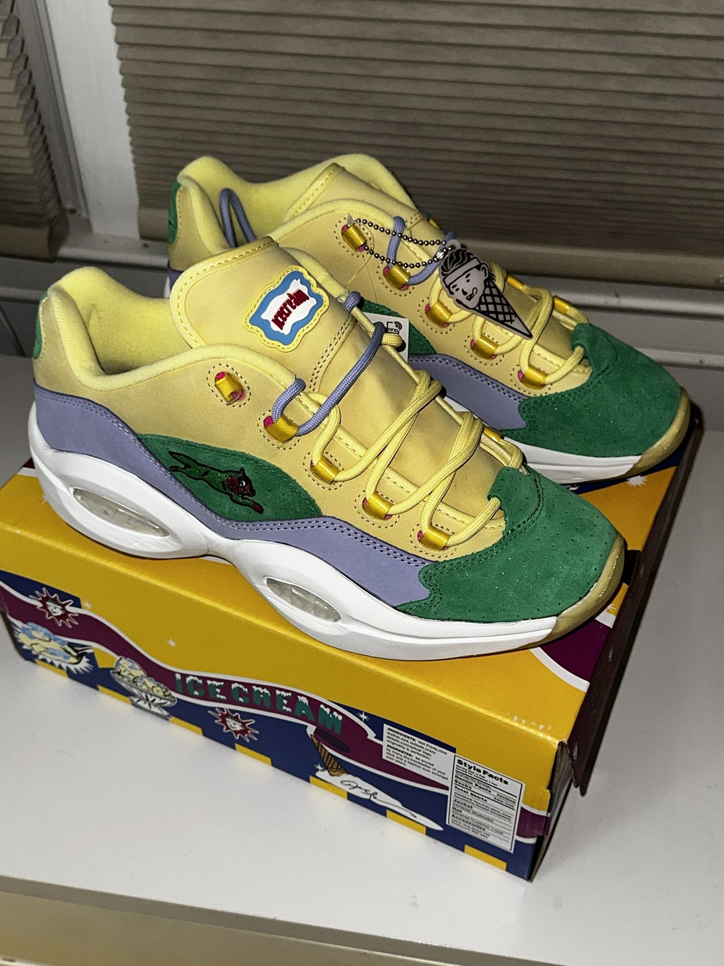 Reebok Question Low BBC Ice Cream Running Dog Yellow Green Size 10.5 US Men’s