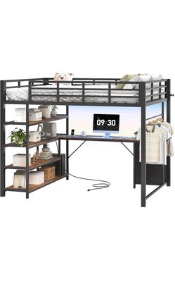Loft Bed Full Size with L Shape Desk,4 Drawers,3-Tier Storage Shelves Metal Loft Bed Frame with Power Outlet and LED Lighted,No Box Spring Needed,Spac