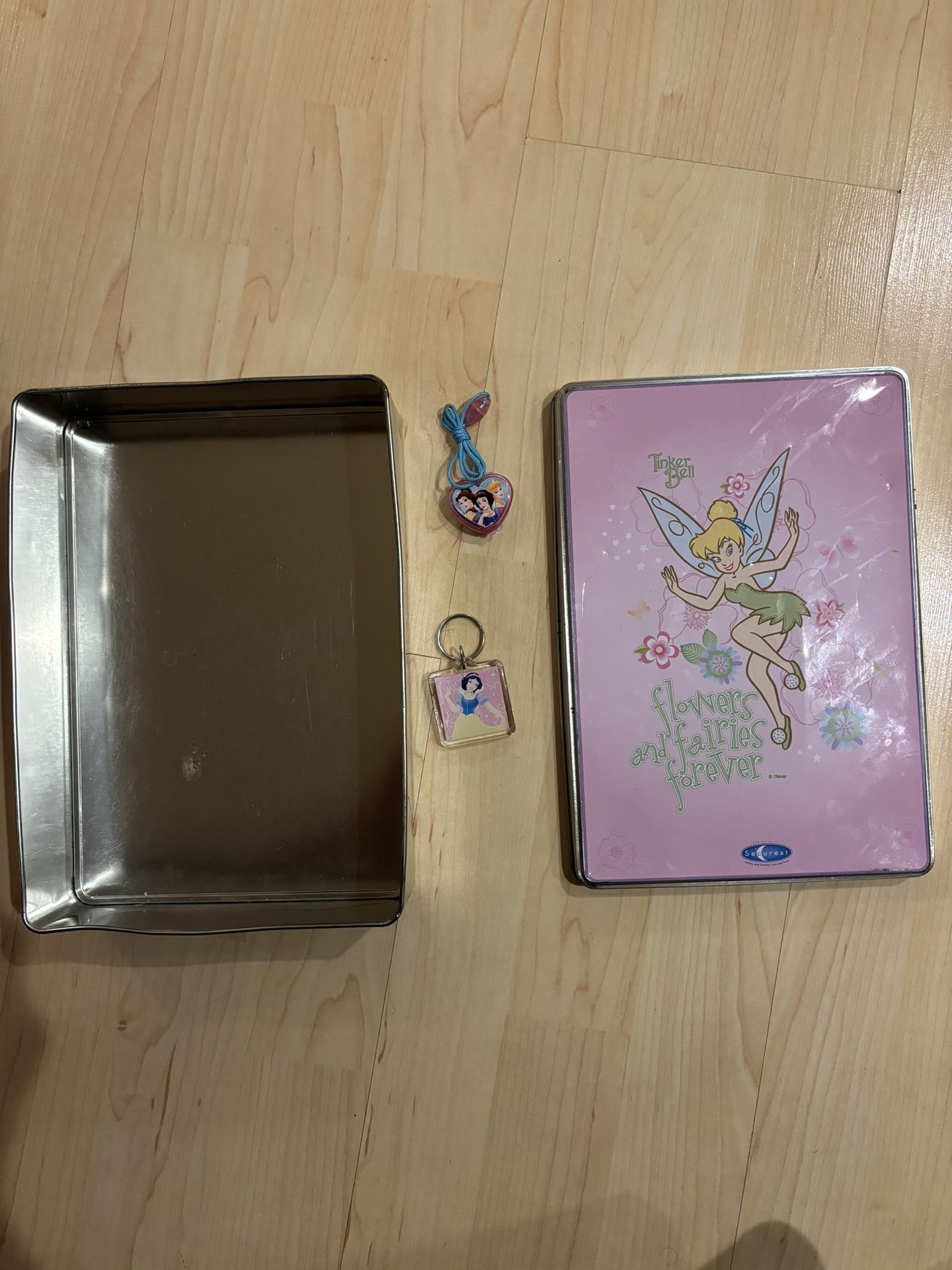 Disney’s Tinker Bell Metal Box For Storage With A Free Princess Key Chain N Free Heart Shaped Container