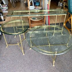 Classic Vintage La Barge Solid Brass & Glass Console, Coffee, & Side Table Set 