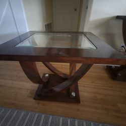 Elegant 3-Piece Console Table Set with Glass Inlay Tops – Dark Wood