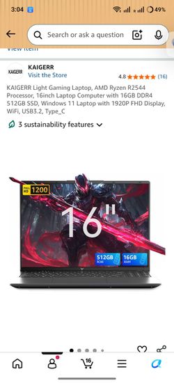 KAIGERR Light Gaming Laptop, ΑΜD Ryzen R2544 Processor, 16inch Laptop Computer with 16GB DDR4 512GB SSD, Windοws 11 Laptop with 1920P FHD Display, WiF