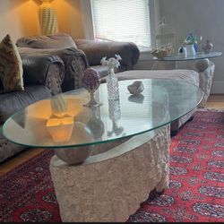 Vintage Postmodern Natural Mactan Stone Accent   And Coffee Table / End Table With Glass Top