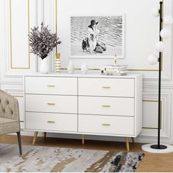 White Dresser, 6 Drawer Dresser for Bedroom with Wide Drawers and Metal Handles, Modern Wood Storage