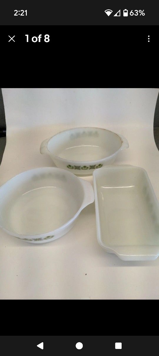 VINTAGE ANCHOR HOCKING MILK GLASS CASSEROLE DISH GREEN MEADOW #437 - SET of 3.