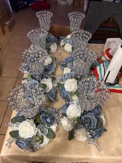 Crystal Metal Wedding Vases with Dusty Blue with White Artificial Roses