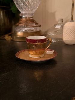 Vintage Gold and Burgundy Porcelain Demitasse Cup and Saucer