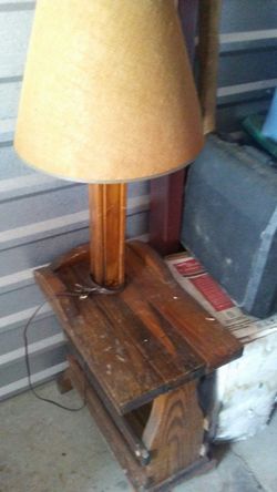Vintage Rustic Wooden Sidetable/ Magazine Rake with Lamp.