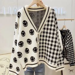 Smiley face cardigan sweater knit black and cream white stripe v-neck happy face