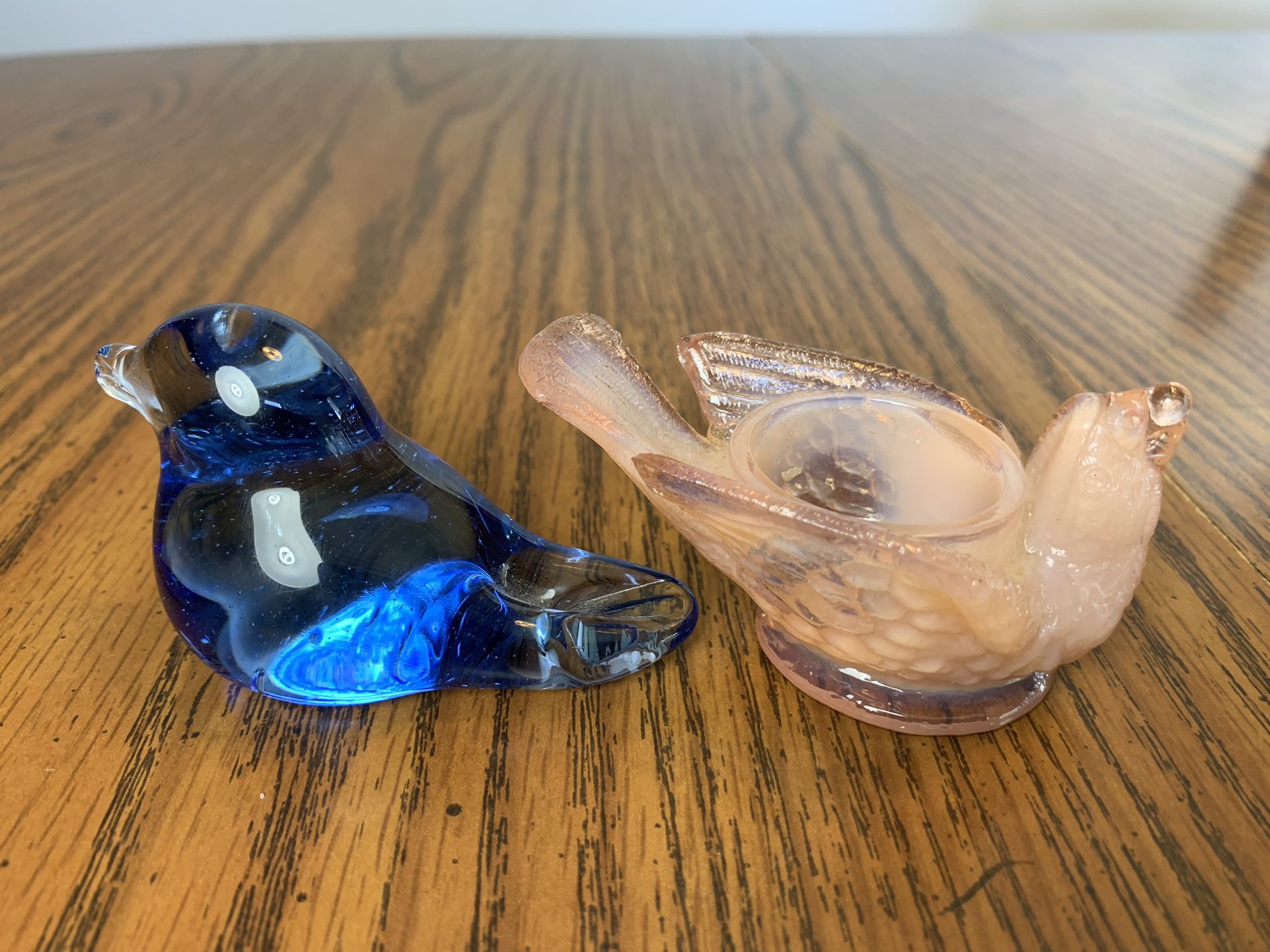 2 Glass Birds, CRED Cobalt Blue Paperweight, Opalescent Degenhart Bird Figurines