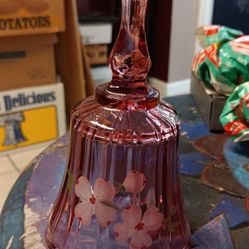 Vintage FENTON GLASS PINK BELL SIGNED By ? HANDPAINTED FLOWERS