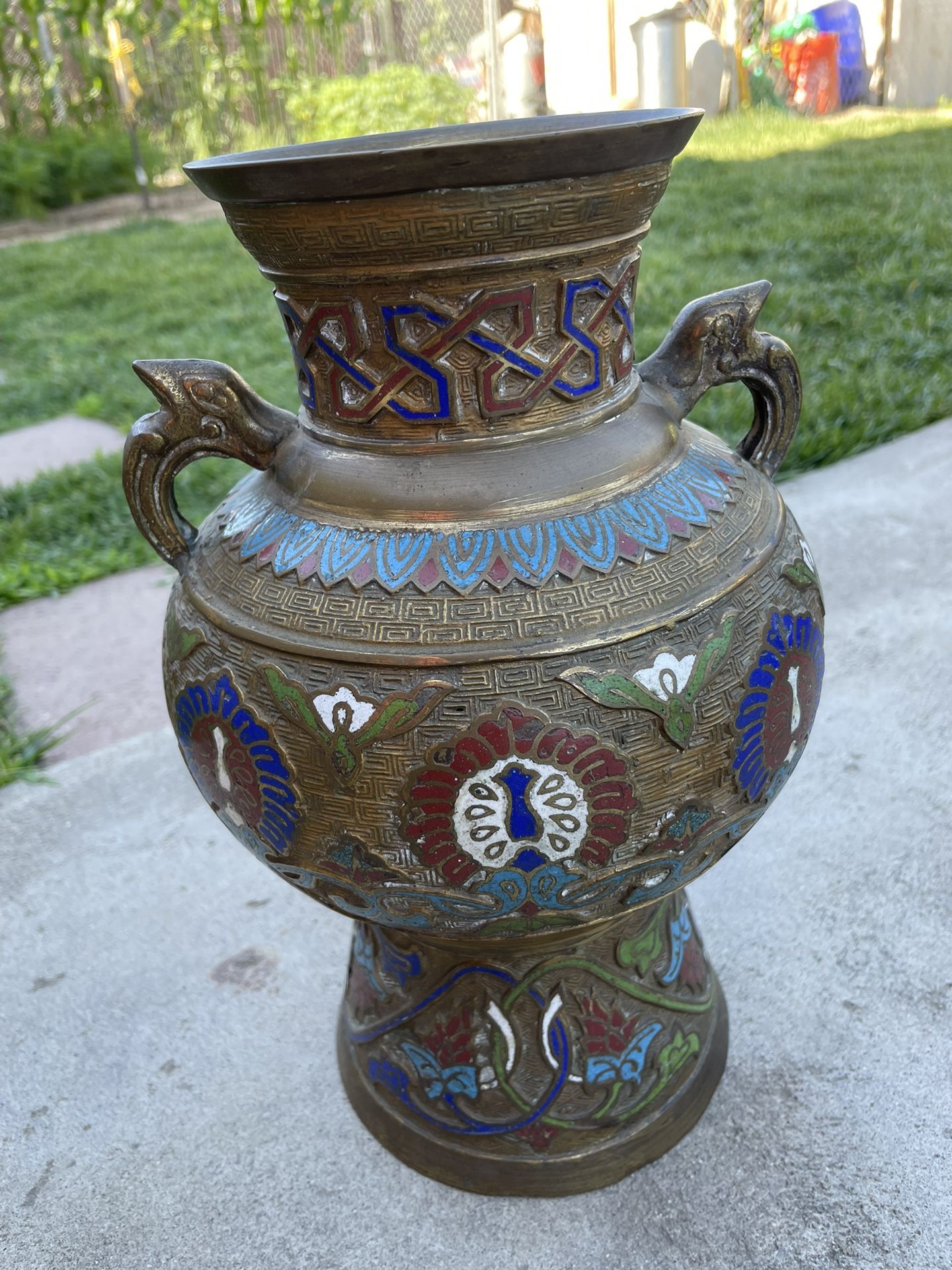 1930’s Japanese Export Champleve Vase 12” Cast Bronze and Cloissone Enamel