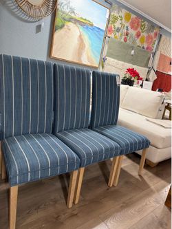 Brand New Set of 6 Summit Sky-Blue Striped Linen dining Chairs. Fully built not assembled.