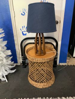 Vintage Wooden Table Lamp with Blue Shade/Wicker Basket Side Table