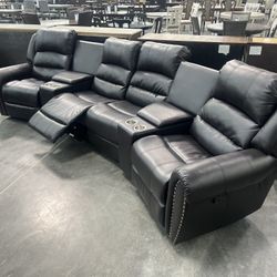 New 4 Reclining Theatre Sectional.  Black Or Brown Leather.  138” X 38”.  Free Delivery!