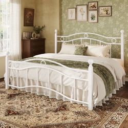 SHA CERLIN King Size Metal Platform Bed Frame with 12.4" Under-Bed Storage, Victorian Vintage Style, White