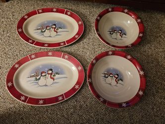 Christmas Red White Snowman Platters And Bowls