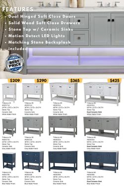 Solid Wood - High Quality - Complete Bath Vanities - Quartz Top/Backsplash & Sink Included