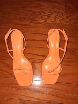 Orange Strappy Square-Toe Heeled Sandals