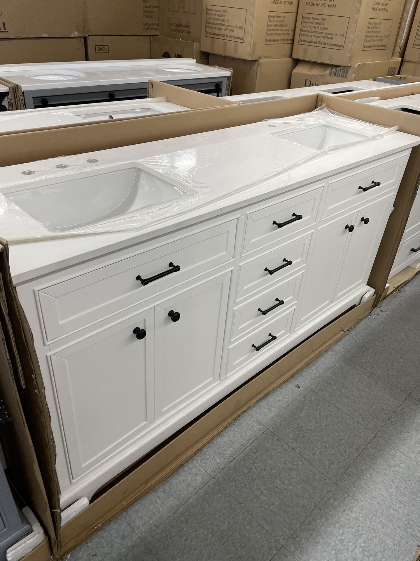 Bathroom vanity cabinet 72” solid Oak Quartz top with sinks and backsplash