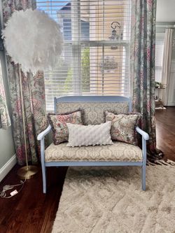 gorgeous settee loveseat benches   grey stripe has a small worn spot   $195 each