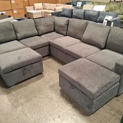 Gray Sectional Sofa w/Pullout Bed & Ottoman Storage