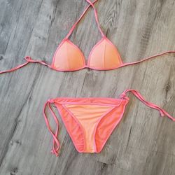 Pink 2 Toned Moulded Cup Triangle String Bikini Swimsuit 2 Piece Set Size Medium 