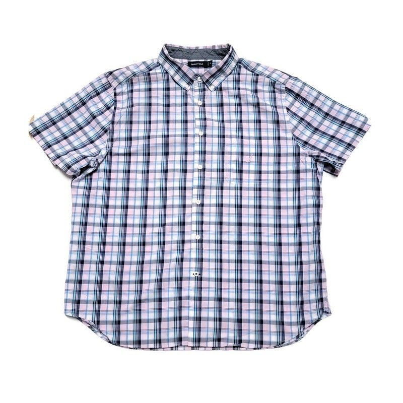 Nautica Casual Button Up Dress Shirt Stretch Plaid Short Sleeve Mens Size XXL
