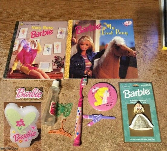 Barbie Lot Of Books Items Hallmark And Esco Pin Toothbrush Bubble Bath Jergens