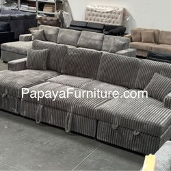 New! 89”L Reversible Grey corduroy Sectional Sofa Bed, Sectional Sofa Bed, Grey Sofa, Sleeper Sofa, Grey Couch, Reversible Sectional, Sectional Sofa W
