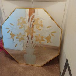 Vintage 80s  Etched Floral Octagonal Mirror