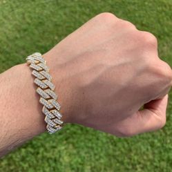 14k Gold Plated Iced Prong Cuban Link Bracelet 14mm 8” Premium Bracelet Box Clasp