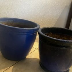2 Small To Medium Cobalt Blue Ceramic Planters/ Plant Pots 