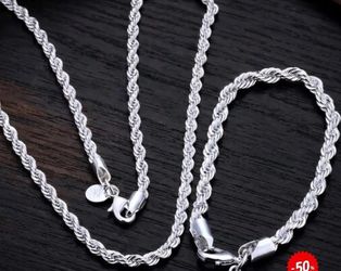 Sterling silver jewelry sets in two distinct styles. The first set is a 925 stamped rope chain necklace with a matching bracelet. The second set is a 
