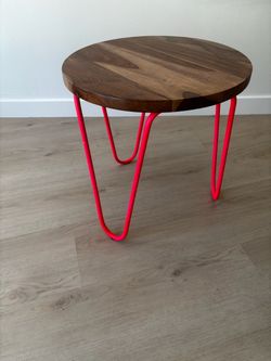Round Wooden  Table with Metal  Legs . 18 inches Diameter .