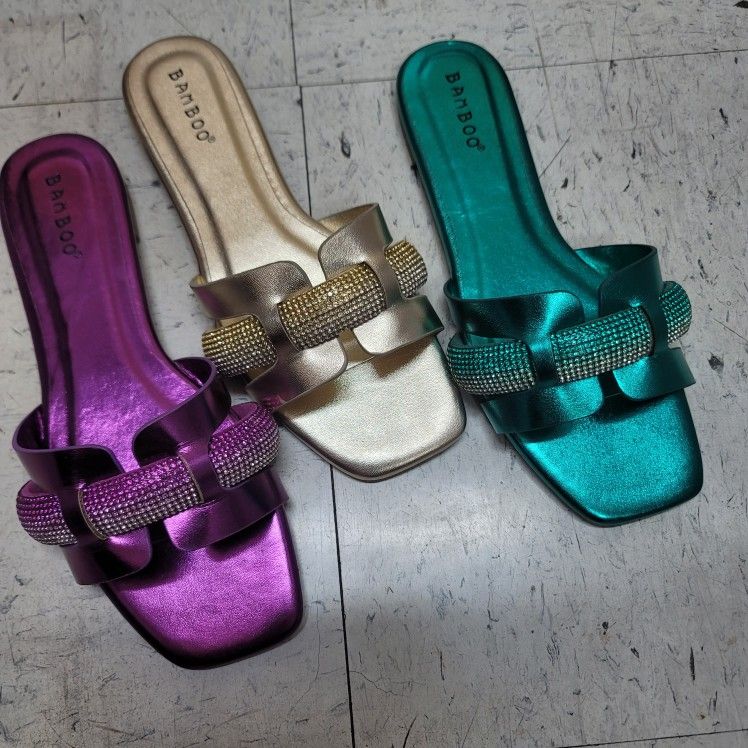Bamboo EMBELLISHED Rhinstone SLIP ON SANDALS - Metallic Color Flats New