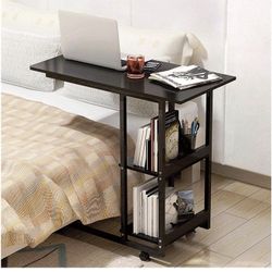 Wood Overbed Table Wheels Bedside Desk C-Shaped Base Laptop Desk Home Office Side Table Mobile Table Work